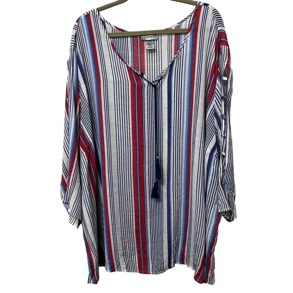 Catherines Tops - Catherines Womens Red White Blue Striped Tassel V-Neck Tunic Blouse 30/32W
